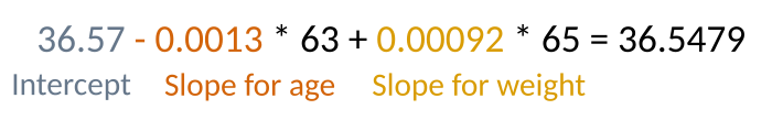 36.57 - 0.0013 * 63 + 0.00092 * 65 = 36.5479