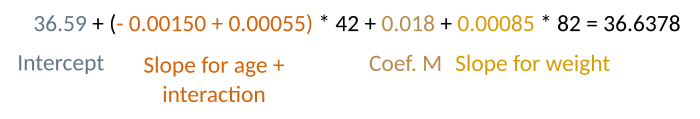 36.59 + (- 0.00150 + 0.00055) * 42 + 0.018 + 0.00085 * 82 = 36.6378