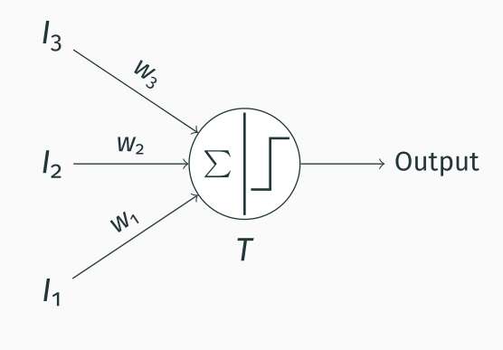 A schematic of a McCulloch-Pitts neuron. Three weighted inputs get converted through a neuron into an output.