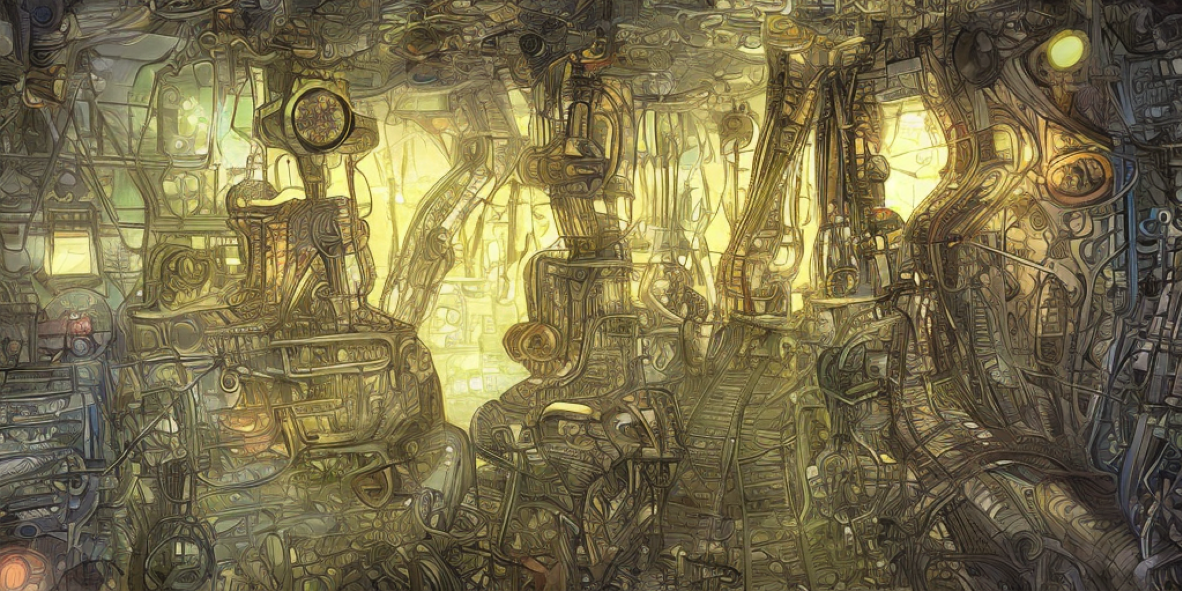 A steampunk drawing generated using Stable Diffusion Prompt: neural network in keras, drawing, steampunk, futuristic, fantasy, light, light colours